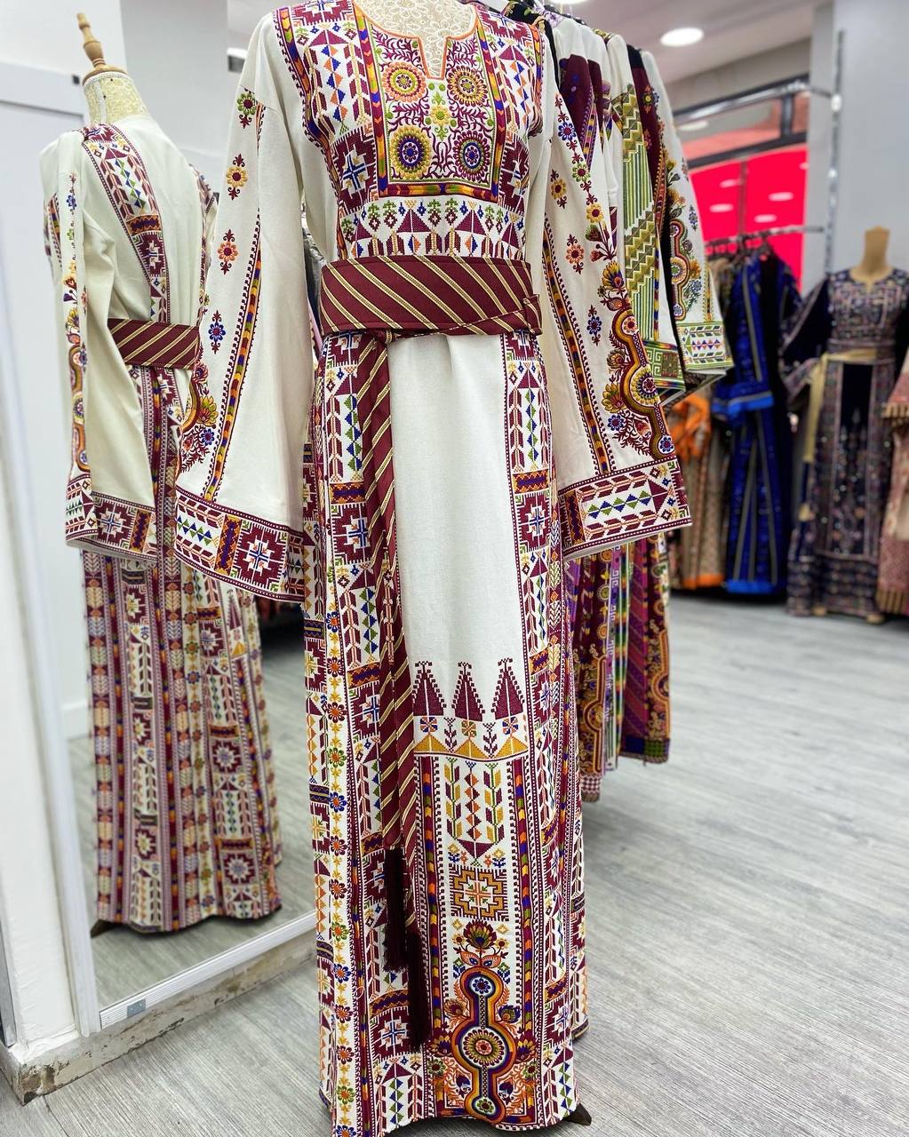 white Etameen thobe with Tradional Red Embroidery