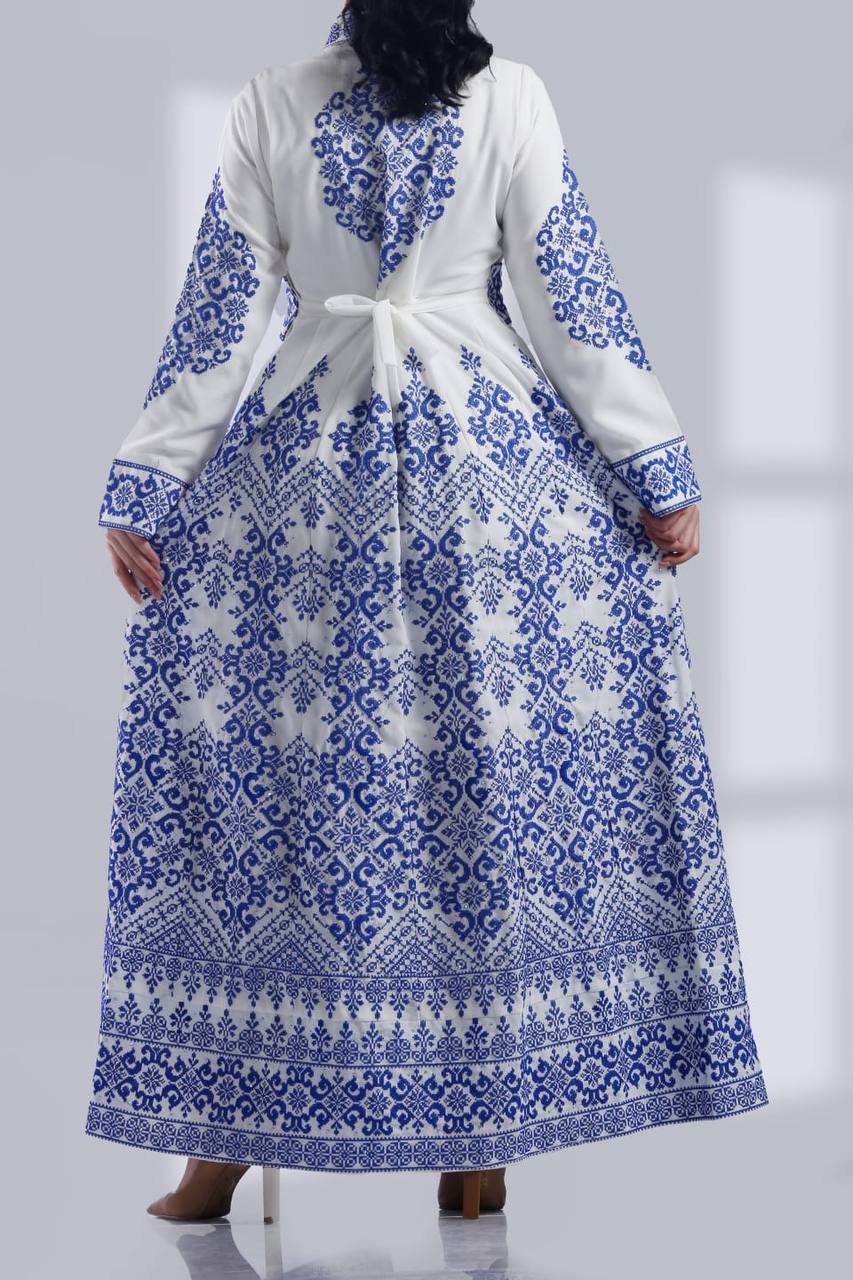 White Kaftan with Blue Tatreez