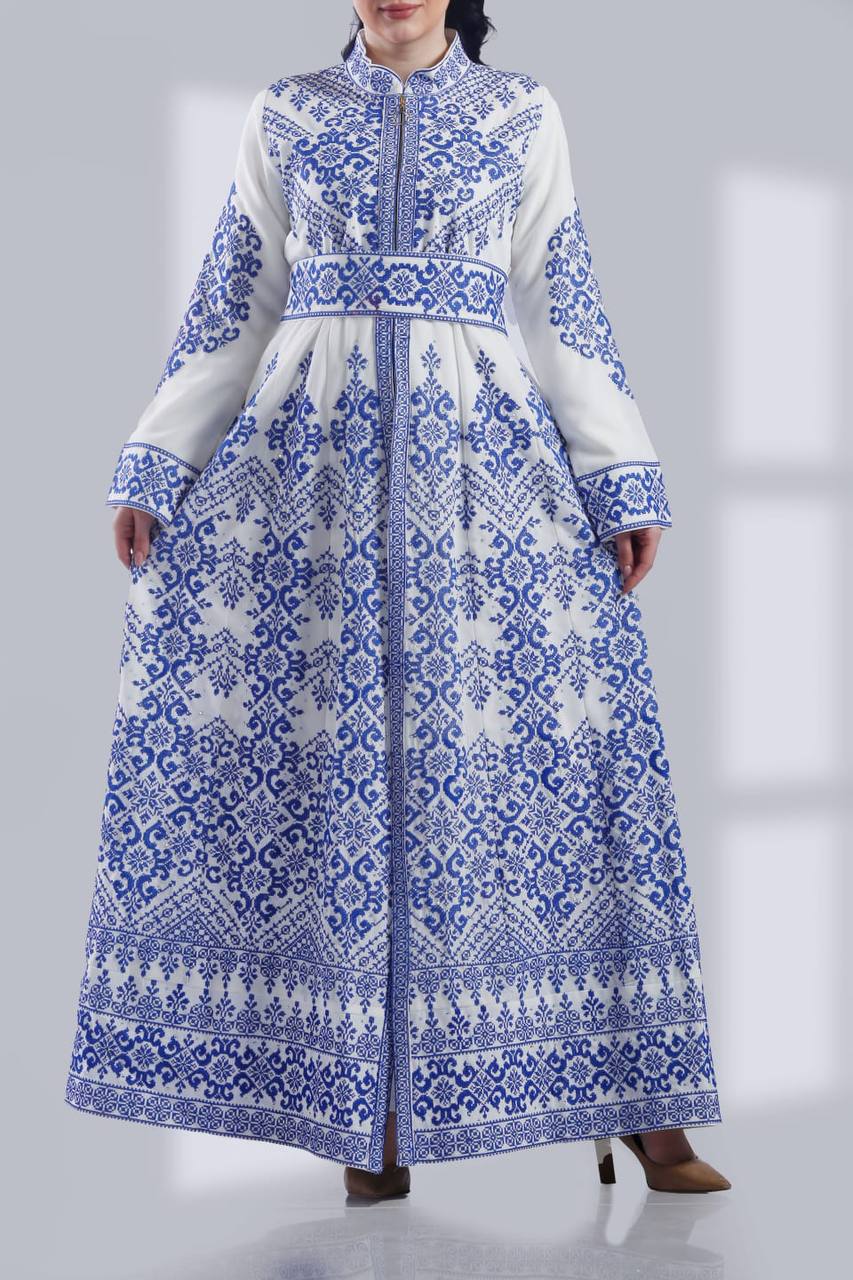 White Kaftan with Blue Tatreez