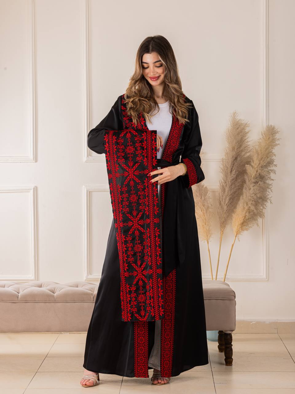 Simple Tatreez Satin open Abaya