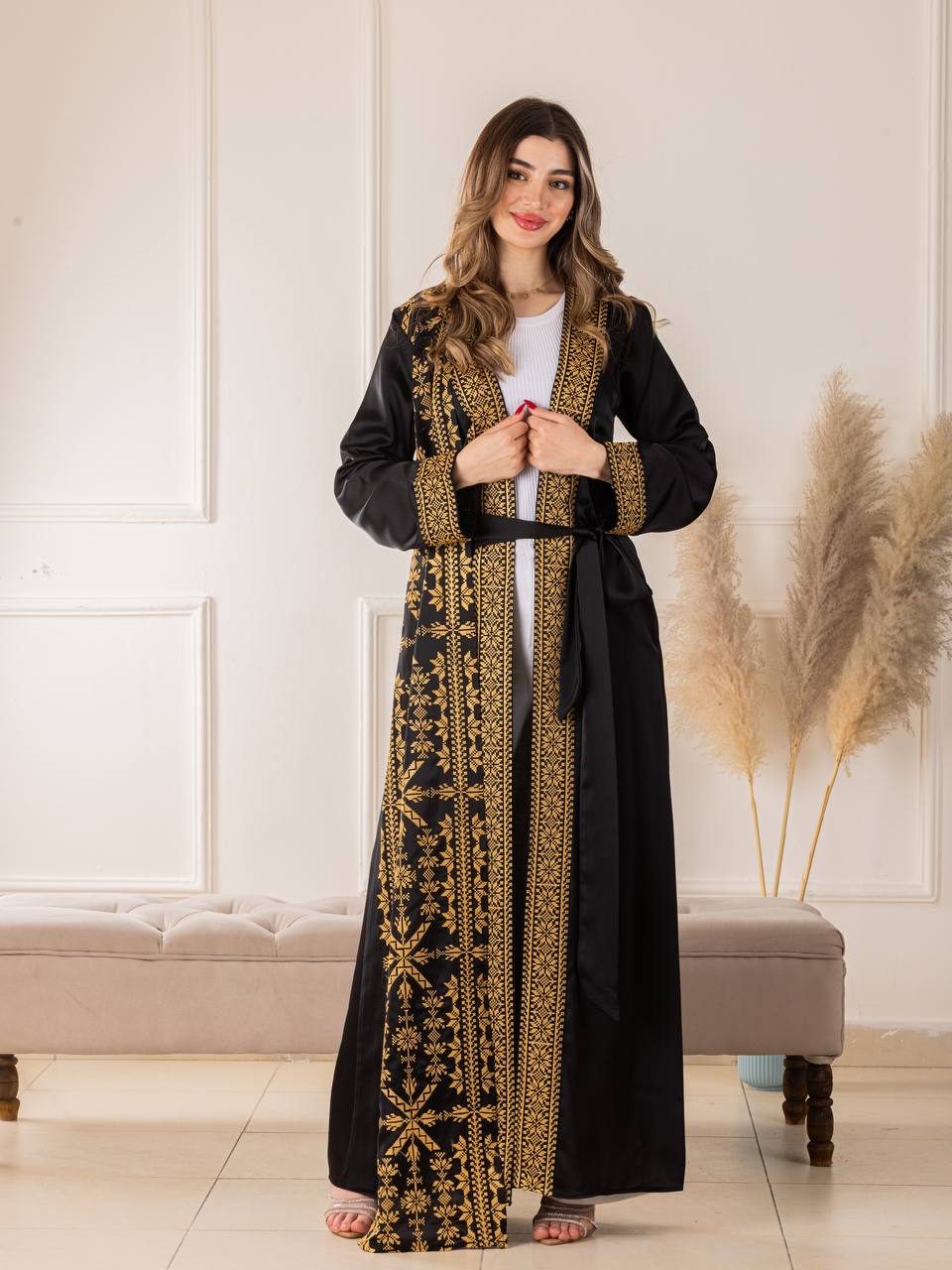 Simple Tatreez Satin open Abaya