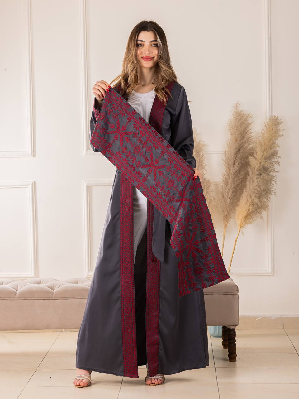 Simple Tatreez Satin open Abaya