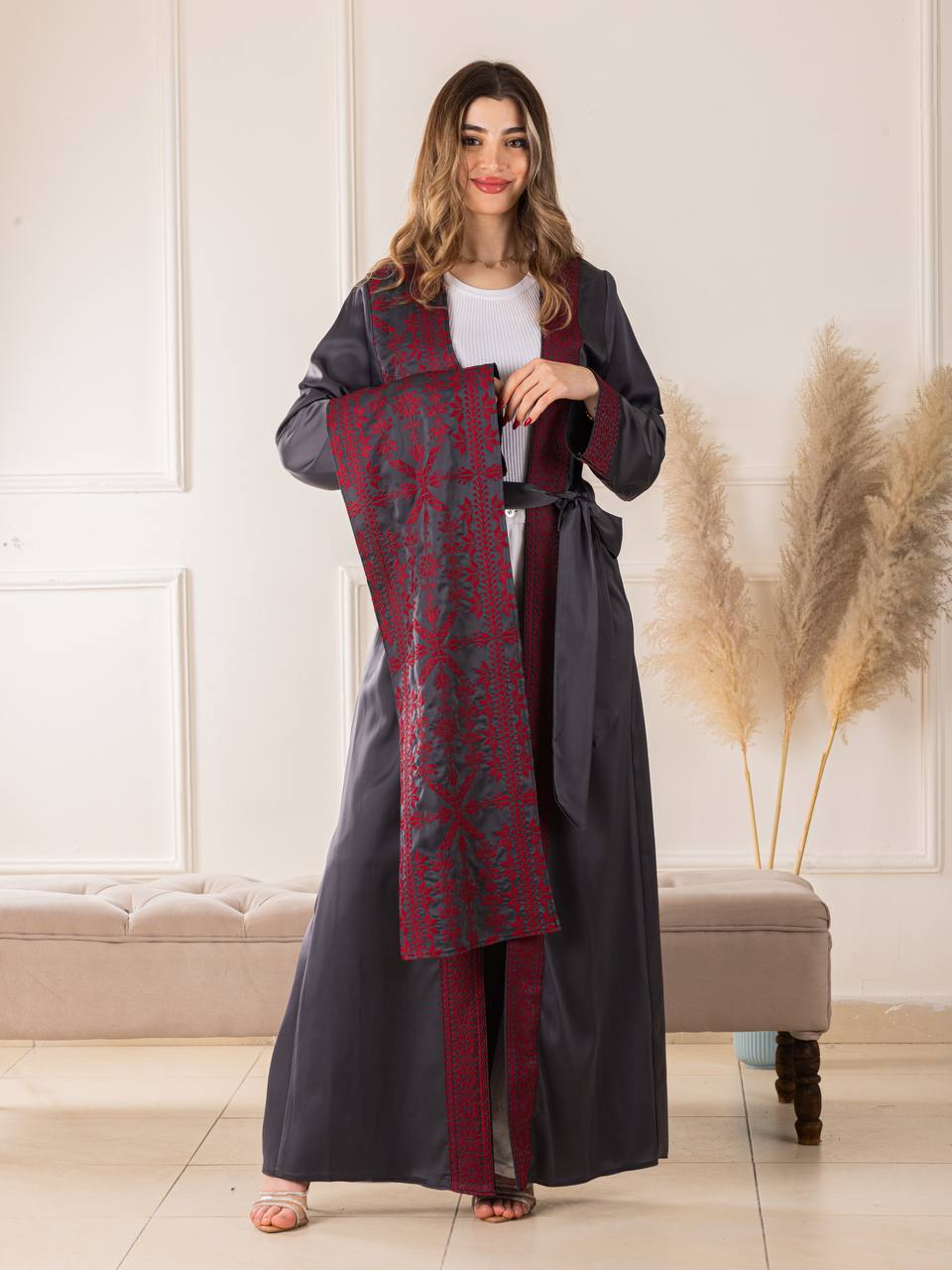 Simple Tatreez Satin open Abaya