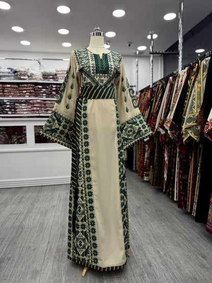 New Beige With green Tatreez Thobe