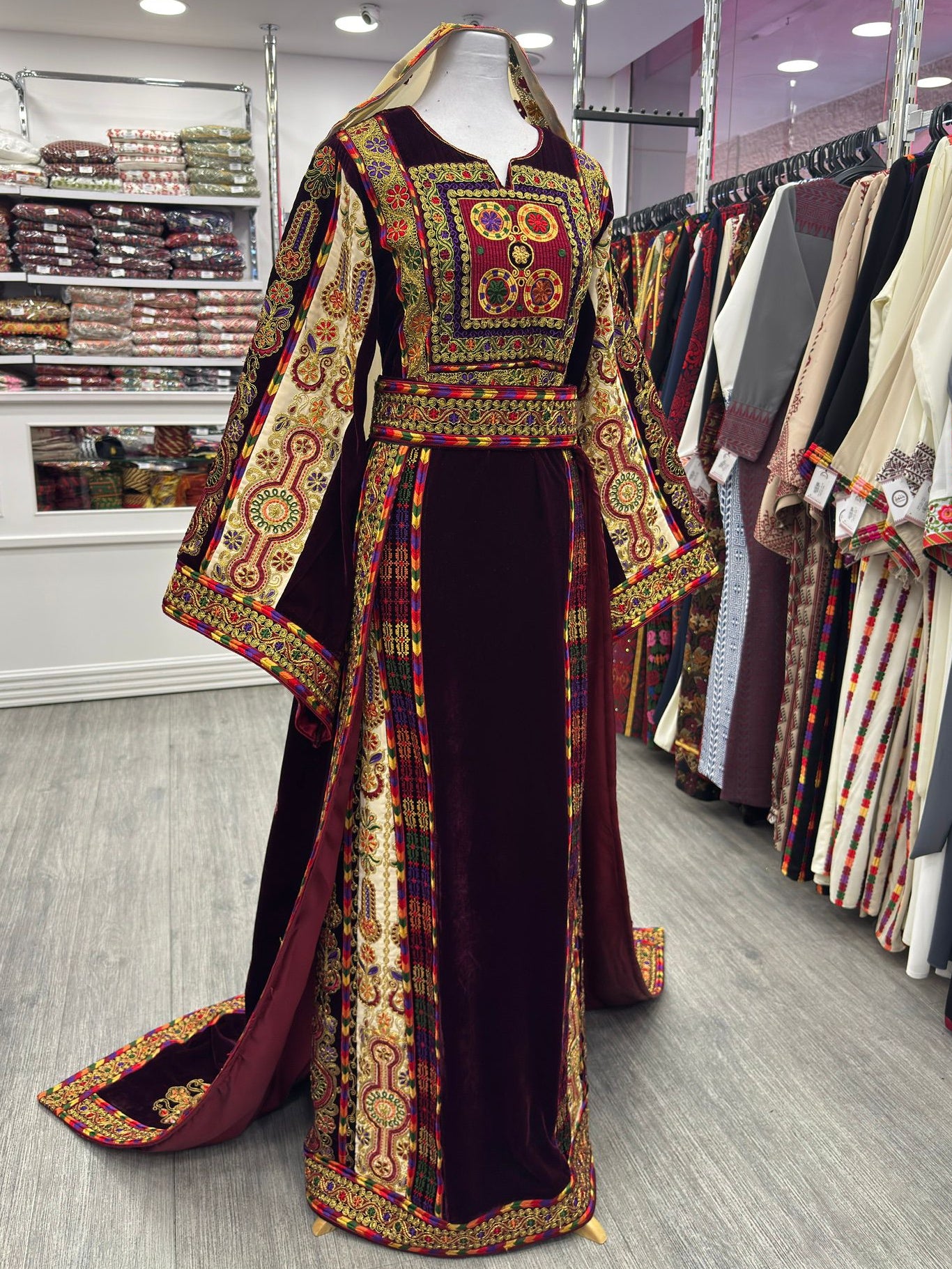 New Burgundy Bridal Malaka Thobe with Tail