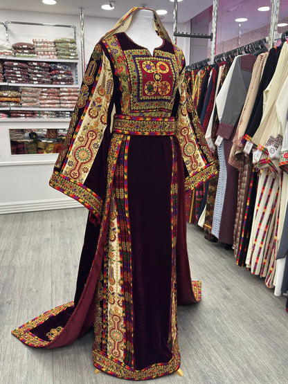 New Burgundy Bridal Malaka Thobe with Tail