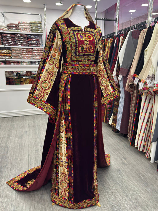 New Burgundy Bridal Malaka Thobe with Tail