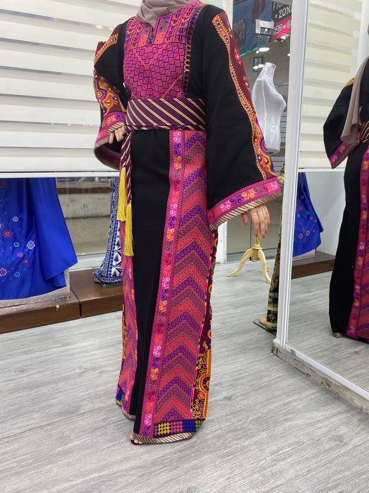 black etamin thobe with pink embroidery on sides