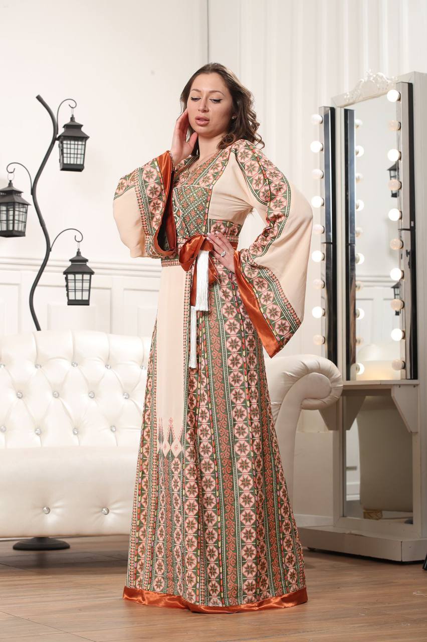 palestinian embroideried beige and orange thobe