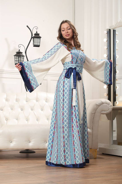 White Thob Dress with indigo Embroidery