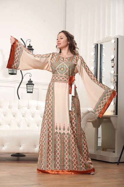 palestinian embroideried beige and orange thobe