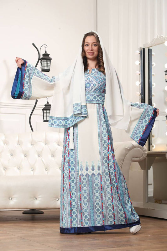 White Thob Dress with indigo Embroidery