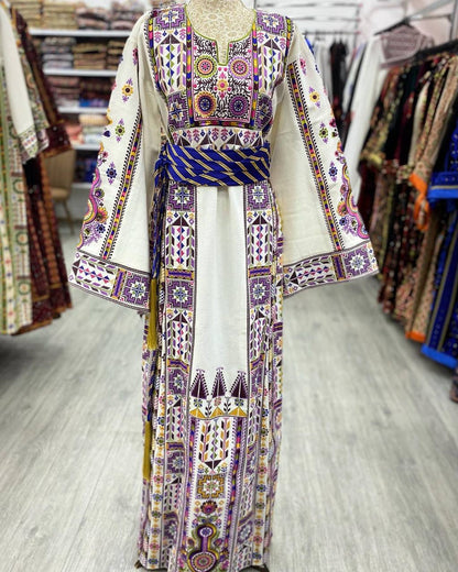 Etameen white thobe with purpel embroidery