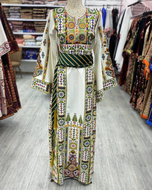 White Etameen thobe with green embroidery