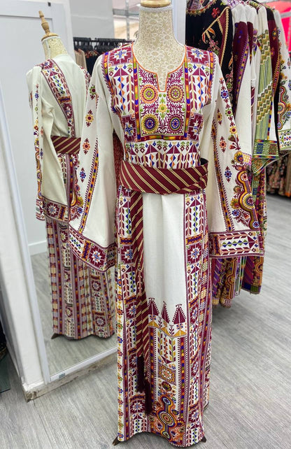 white Etameen thobe with Tradional Red Embroidery