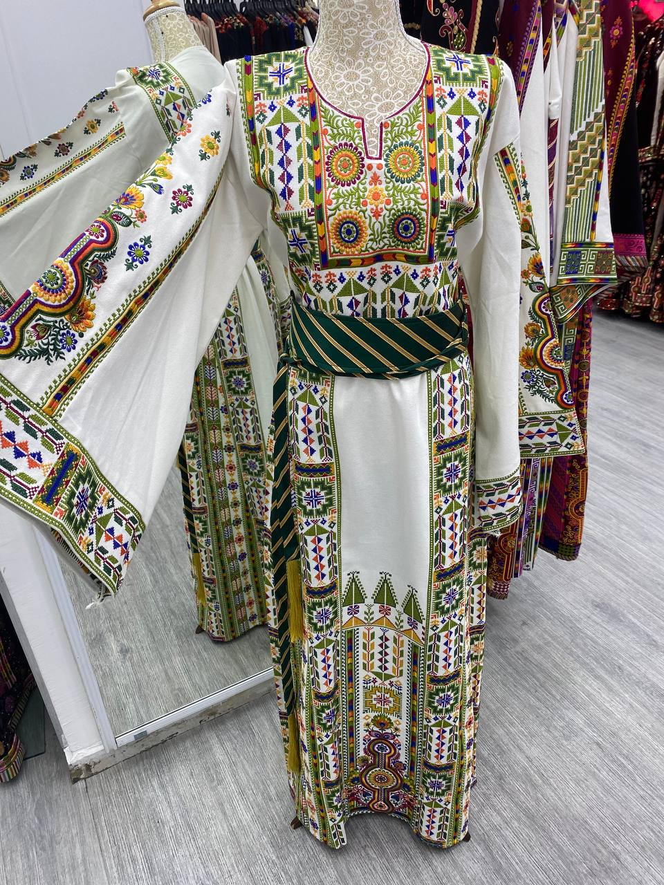 White Etameen thobe with green embroidery