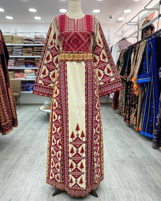 Beige Etameen Thobe with Red Traditional Embroidery