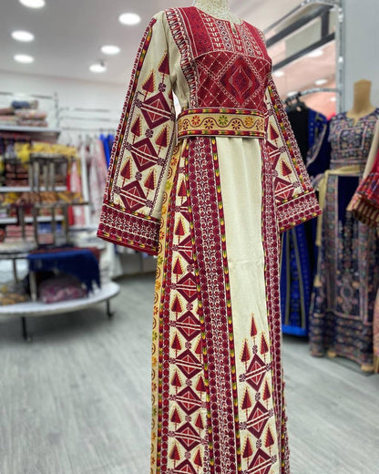 Beige Etameen Thobe with Red Traditional Embroidery