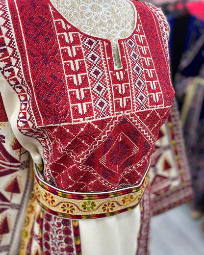 Beige Etameen Thobe with Red Traditional Embroidery