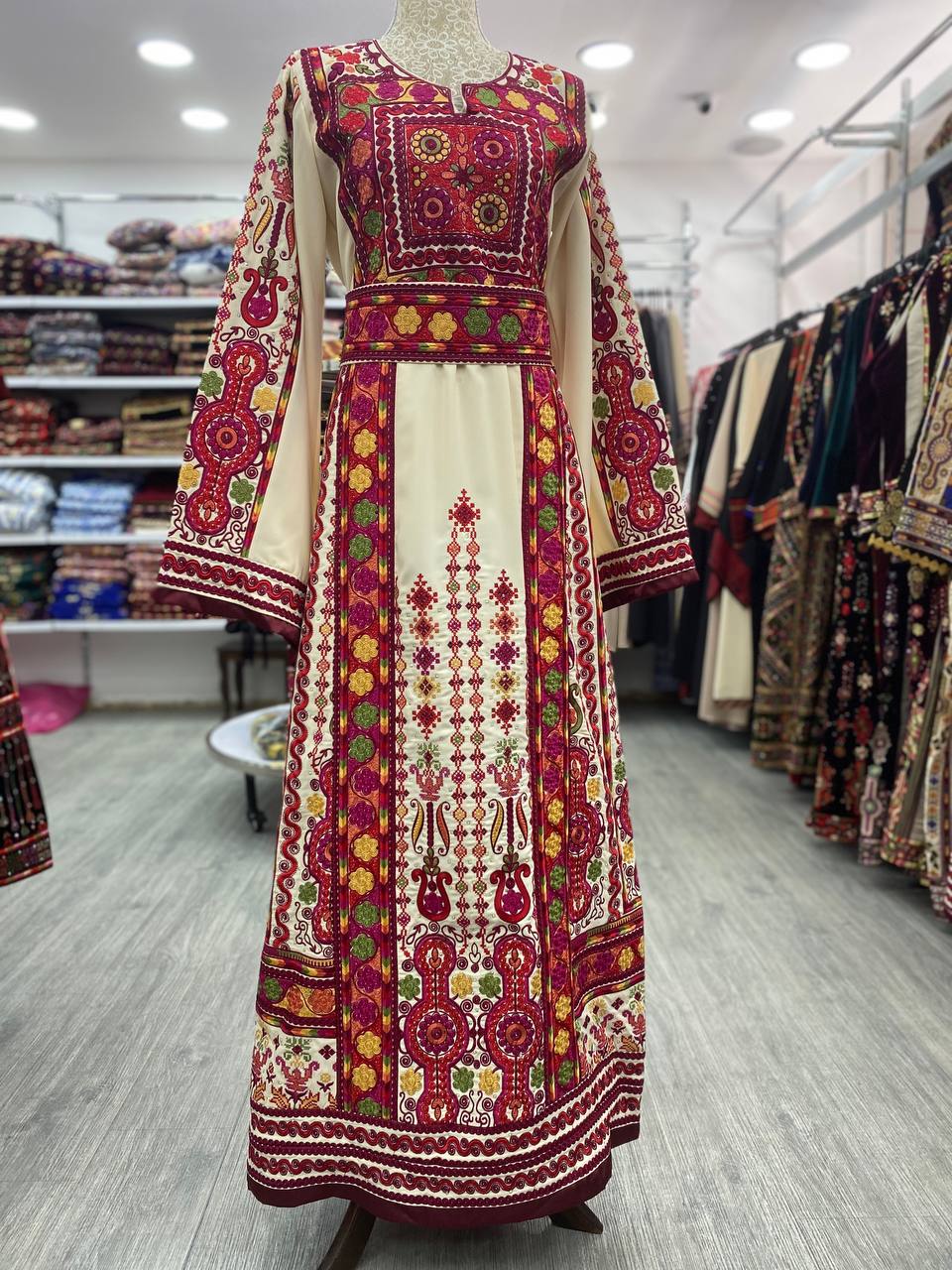 New beige Malka thobe with traditional colors