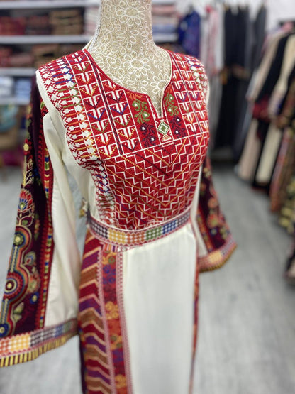 New white Thobe with Traditional Red colors