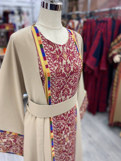 Exclusive Beige Abaya With Traditional Colors