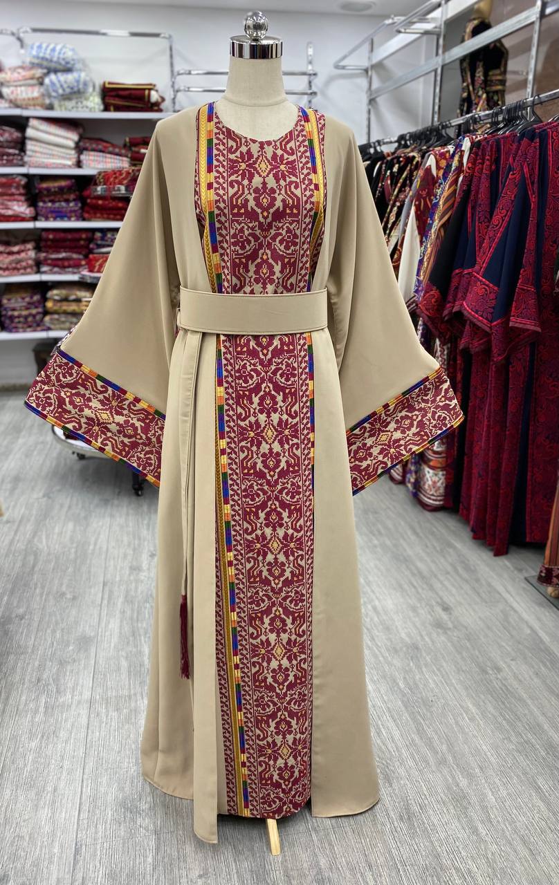 Exclusive Beige Abaya With Traditional Colors