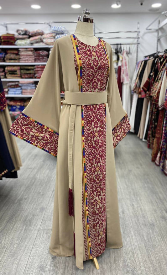 Exclusive Beige Abaya With Traditional Colors