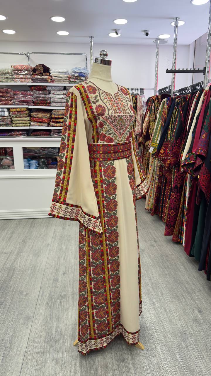 New Beige Floral Sabyel Kharaz Thobe
